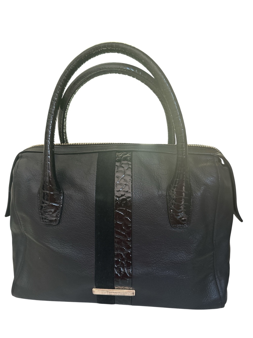 Cole Haan Black Pebbled Leather Satchel with Patent Croc Stripe